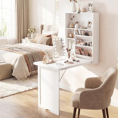 Casart Multi-Function Computer Desk, Wall Mounted Fold Out Table | Convertible Writing Workstation with Built-in Storage Shelves; Space Saving Furniture for Home Salon Office Nail Art Station