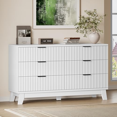 BORNOON 53" Long Dresser for Bedroom, 6-Drawer Dresser with Fluted Fronts, Wide Wood Chest of Drawers, Smooth Metal Slides, Stable Base, Modern Clothes Storage Cabinet for Living Room, Hallway - color: Pure White, size: XL 6-Drawer