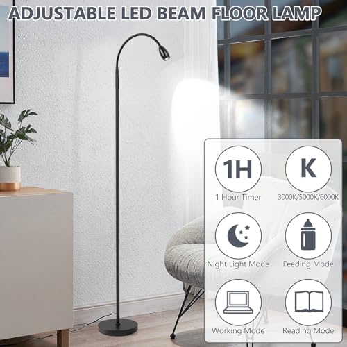 Reading Floor Lamp, 72" LED Dimmable Lamp with Gooseneck,Zoomable Spotlight | Adjustable Color Beam Standing Lamp, Touch & Remote Control, for Task Craft, Sewing, Bedroom Living Room, Office, Matte Black - color: Matte Black