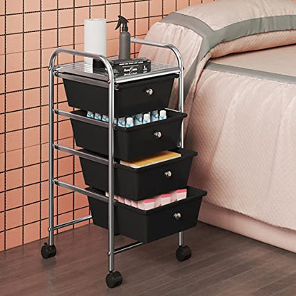 Yaheetech 4-Drawer Rolling Storage Cart with Wheels, Slim Organizer, Black | Four drawers plus a top shelf organize craft to bath gear; slim chrome-steel frame, plastic bins, locking wheels, easy setup. - color: Black, style: 4 Drawers