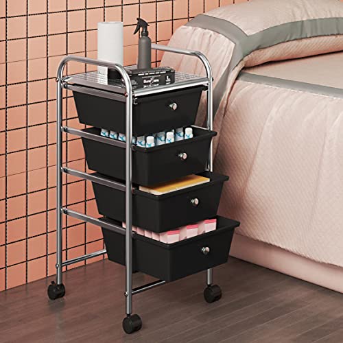Yaheetech 4-Drawer Rolling Storage Cart with Wheels, Slim Organizer, Black | Four drawers plus a top shelf organize craft to bath gear; slim chrome-steel frame, plastic bins, locking wheels, easy setup. - color: Black, style: 4 Drawers