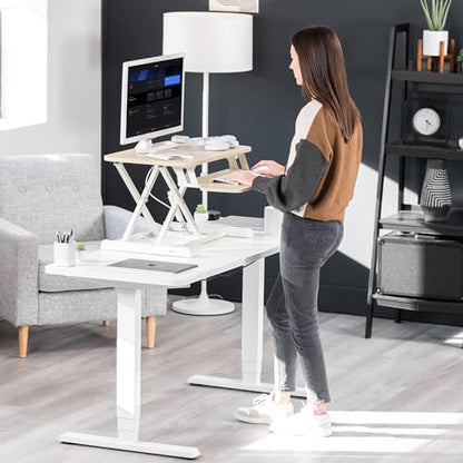 VIVO 26 inch Desk Converter, K Series, Height Adjustable Sit to Stand Riser, Dual Monitor and Laptop Workstation with Keyboard Tray, Light Wood Top, White Frame, DESK-V026KF | Height Adjustable, Stand Up Desk Riser, Wide Keyboard Tray, Dual Monitor and La