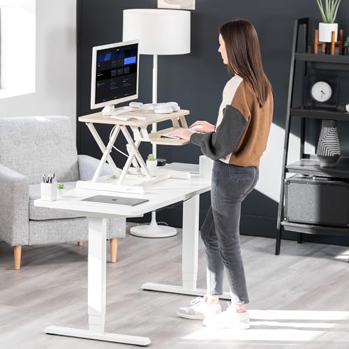 VIVO 26 inch Desk Converter, K Series, Height Adjustable Sit to Stand Riser, Dual Monitor and Laptop Workstation with Keyboard Tray, Light Wood Top, White Frame, DESK-V026KF | Height Adjustable, Stand Up Desk Riser, Wide Keyboard Tray, Dual Monitor and La