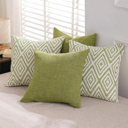 HPUK Throw Pillow Covers 18x18, 4 Pack, Green Textured Couch Pillow Covers | Polyester fabric, patterned and solid designs, hidden zippers, machine washable, for sofas and beds, inserts not included - color: Green, size: 18" x 18" (Pack of 4)