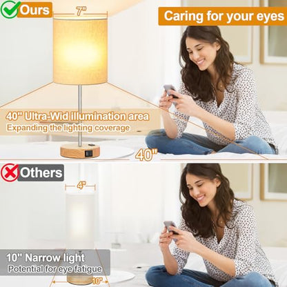 Lynnoland Set of 2 Touch Wood Table Lamps, Bedroom Lamps with 2 USB AC Outlet, 3-Way Dimmable Bedside Nightstand Lamps for Bedroom Living Room Nursery, 800 Lumens 2700K Bulbs Included - color: (2 Pack)Cream & Wood(Base)-2700K Bulbs Included