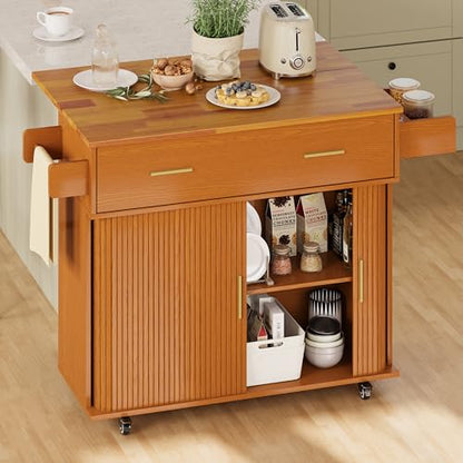 DHH Rolling Kitchen Island with Drop Leaf Countertop&Ample Storage - 39.4" Small Mobile Kitchen Cart On Wheels with Sliding Door,Drawers,Spice Rack & 2-Tier Storage (Yellow Walnut) - color: Yellow Walnut