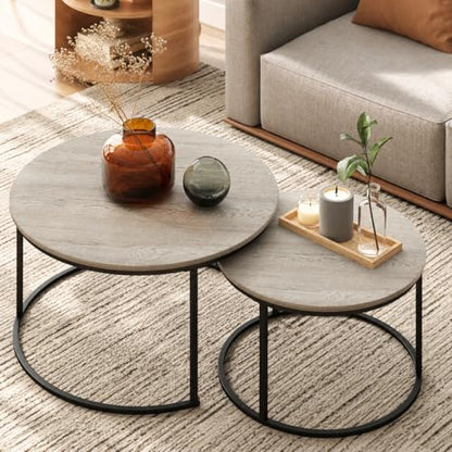 Otterease Nesting Tables Set of 2, Small Round Coffee Table for Living Room | Nesting Coffee Table with Adjustable Non-Slip Feet, Wood Grain Top Nesting Table for Living Room, Bedroom (Wood Grain Grey) - color: 31.5" Wood Grain Grey
