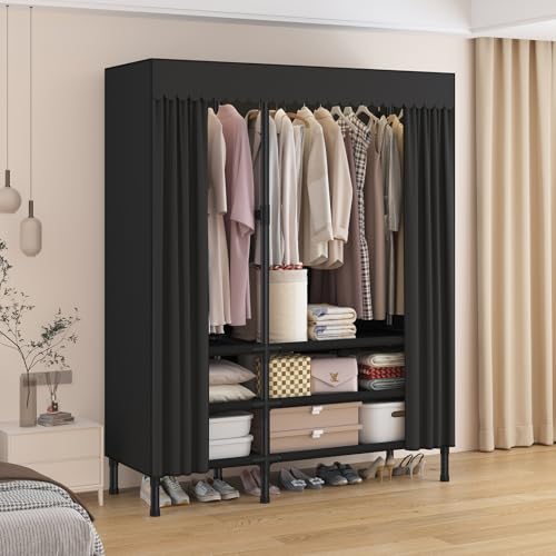 Portable Closet with Cover 43.3"x17.7"x65.7" Wardrobe Closet Black | Portable Closet for Hanging Clothes, Fabric Cover and Hanging Rod, Portable Wardrobe Storage for Bedroom or Dorm Use - color: Black-a, size: 43.3" L