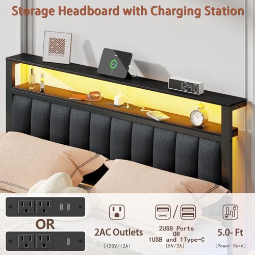 Queen Bed Frame with Storage Drawers and Upholstered Headboard | Metal Platform Bed with Charging Station, LED Lights, 2 Tier Shelves, Fabric Drawers. No Box Spring Needed, Noise Free, Grey - size: Queen