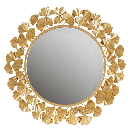 Martha Stewart Wall Décor Large Gingko Leaf Round Wall Mirror for Living Room, Iron Metal Plate Frame Antique Finish, Ready to Hang Bedroom Decoration, Eden, 30.5", Gold - color: Gold