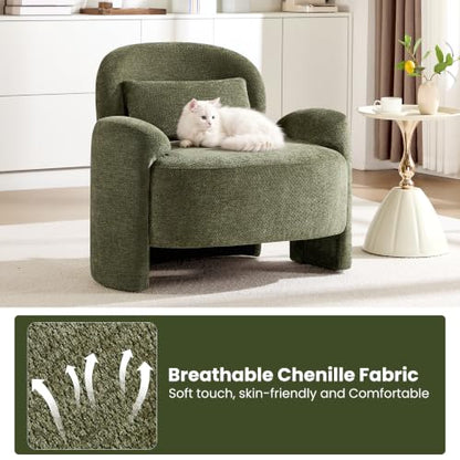 Accent Chair for Living Room, Modern Chenille Fabric Lounge Reading Sofa Chair with Lumbar Pillow, Upholstered Arm Chairs for Bedroom, Office, Green - color: Green