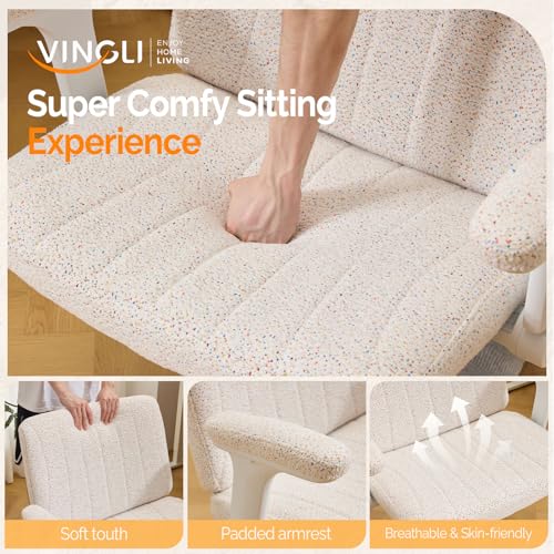 VINGLI Criss Cross Chair with Adjustable Flip-Up Arms,Cross Legged Chair with Wheels,Extra Wide Office Chair,Desk Chair for Home Office,Vanity,Bedroom, Apartment,Starry Chenille,White - color: White
