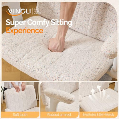 VINGLI Criss Cross Chair with Adjustable Flip-Up Arms,Cross Legged Chair with Wheels,Extra Wide Office Chair,Desk Chair for Home Office,Vanity,Bedroom, Apartment,Starry Chenille,White - color: White