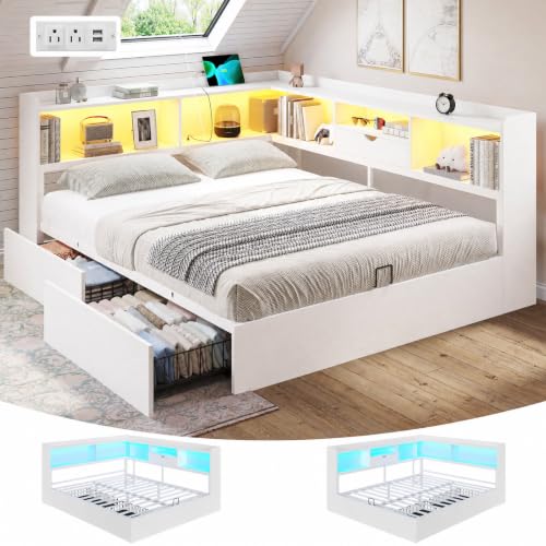DICTAC Corner Queen Bed Frame with Storage Bookcase & Headboard, Queen Size Platform Corner Bed Frame with 2 Drawers, LED Lights & Charging Station, Wood Daybed for Teen Adult with Metal Slats, White - color: White, size: Queen