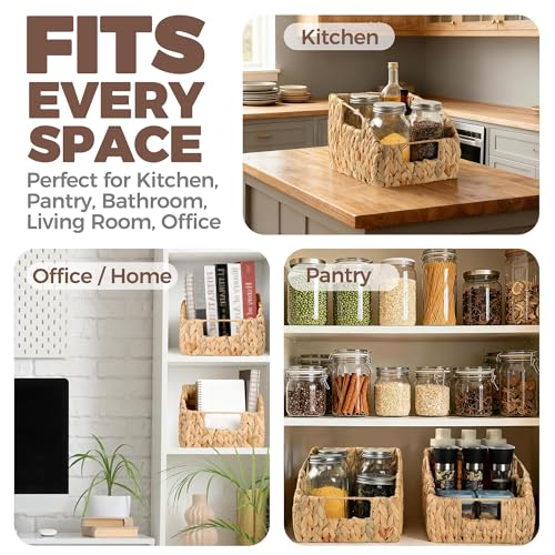 2-Pack Wicker Basket Set - Water Hyacinth Pantry Organizers and Storage w/Handles, For Home, Bedroom, Kitchen, & More - 100% Earth Friendly Woven Rattan, Simple Open Shape Decorative Baskets