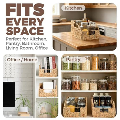 2-Pack Wicker Basket Set - Water Hyacinth Pantry Organizers and Storage w/Handles, For Home, Bedroom, Kitchen, & More - 100% Earth Friendly Woven Rattan, Simple Open Shape Decorative Baskets