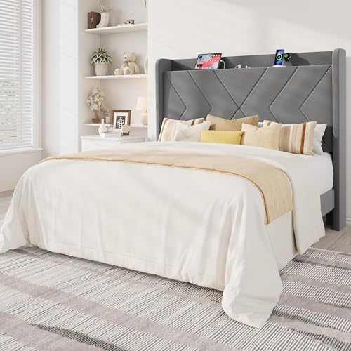 Allewie Full Size Platform Bed Frame with Charging Station and Storage Shelf/Upholstered Velvet Wingback Headboard/Wooden Slats Support/No Box Spring Needed/Easy Assembly, Grey - color: Grey, size: Full