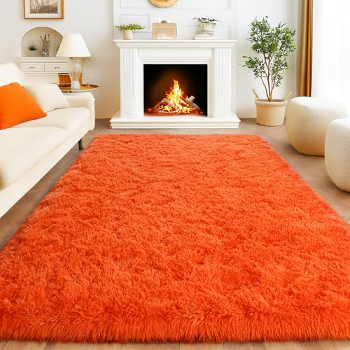 Area Rugs for Living Room 6x9, Orange Ultra Fluffy Shag Rug for Bedroom | Fuzzy Shag Shaggy Carpets for Bedroom, Modern Non-Slip Indoor Soft Plush Furry Rug for Boy Girls Room Dorm Home Decor - color: Orange, size: 6' x 9' (Rectangular)
