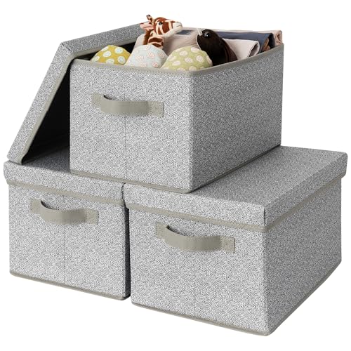 GRANNY SAYS Storage Bins with Lids, Decorative Storage Boxes with Lids | Storage Box with Dust Cover, Handles & Lable, Collapsible, Ideal for Closet Clothes Blanket Toys, Medium, Ash Gray, 3-Pack - color: Ash Gray, size: Medium