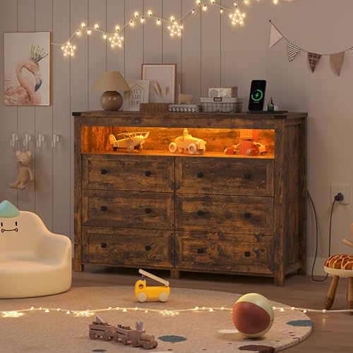 Brown Dresser 6 Drawer Dressers for Bedroom with LED Lights, Charging Station, Wood Chest of Drawers with Metal Handles, Modern TV Stand Storage Cabinet for Living Room, Hallway, Entryway - color: Brown, style: LED 6 Drawers