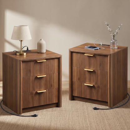 LYNCOHOME 23" Fluted Nightstands Set of 2 with Charging Station, 3 Drawer Bedside Table, Modern Night Stand with Curved Edge, Wooden End Table for Bedroom, Rounded Night Stand with Storage, Walnut - size: 15.7"D x 22.8"W x 24.2"H（3 Drawers）