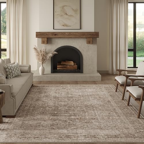 FMFUNCTEX 6x9 Washable Taupe Vintage Distressed Area Rug for Living Room | Non Slip Low Pile Soft Indoor Throw Carpet Distressed Farmhouse Traditional Retro Floral Pattern Dining Room Bedroom Nursery - color: Taupe, size: 6' x 9' (Rectangular)