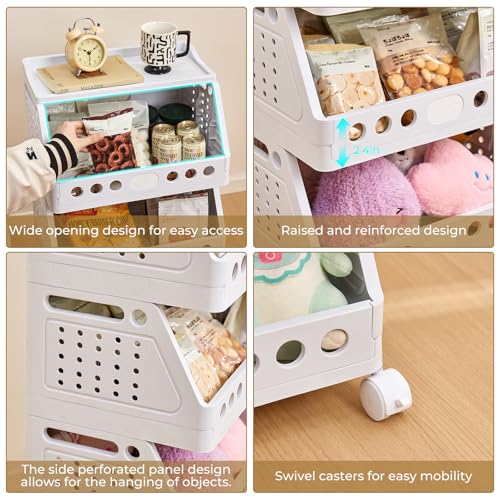 UFORU 4 Tier Rolling Storage Cart,Plastic Open Storage Basket with Wheels | Rolling Storage Shelf for Kitchen,Bathroom,Bedroom and Living Room,Versatile Home Organization for Books,Toys