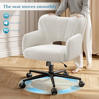 DurayLoly Vanity Chair with Wheels & White — Adjustable Height Makeup Chair, Plush Velvet Seat with Curved Backrest for Women, Girls, Bedroom Vanity & Desk, White - color: White