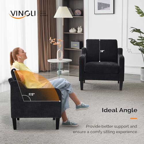 VINGLI Chair Black Upholstered Chenille Accent Chair for Living Room, Bedroom, Mid-Century Modern Arm Chair Comfy Reading Chair with Scooped Arms - color: Black
