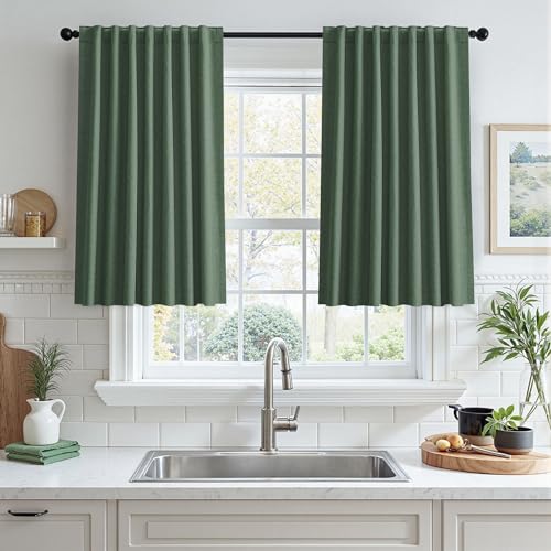 UHITECH Short Black Out Curtains for Bedroom 35 Inch Long, Olive Green | Small Window, Suitable for Kitchen/Living Room/Basement, Thermal Insulated, Noise Cancelling, Privacy, Outdoor, Linen Drapes - color: Olive Green, size: 50"W x 35"L (Pack of 2)