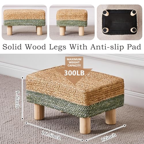Wimarsbon Natural Seagrass Footstool Ottoman Rectangular Footrest Pouf Ottomans with Wooden Legs Hand Weave Step Stool for Living Room Bedroom Entryway Green - color: Green, size: 12"D x 16.5"W x 9.5"H