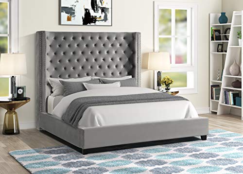 Jaclyn Upholstered Low-Profile Platform Bed Frame, Grey - Queen | Velvet Fabric, 70" Tall Straight Edge Headboard, Button Tufting, Nailhead Trim, Transitional Style - color: Grey, size: Queen (U.S. Standard)