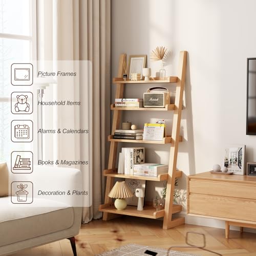 AQIMUELE Wooden Ladder Shelf with Edges, 5-Tier Modern Leaning Bookshelf Ladder – Stylish Space-Saving Bookcase for Living Room, Bedroom & Home Office - color: Natural