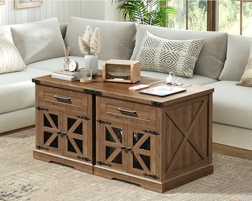 Walnut Farmhouse End Table with Charging Station, 24" Large Sofa Side Table with Drawer, Large End Table for Living Room, Wooden Nightstand with Outlet, Square, Walnut - color: Walnut