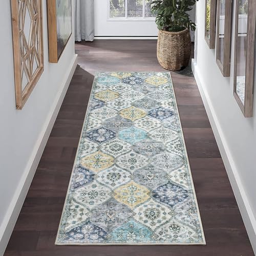 ROYHOME Runner Rug 2x10 Washable Moroccan Trellis Hallway Runner Rug | Stain Resistant Non-Slip Floor Cover Vintage Distressed Entrance Carpet for Laundry Kitchen Entryway Bedroom, Blue/Yellow - color: Blue/Yellow, size: 2' x 10' (Rectangular)