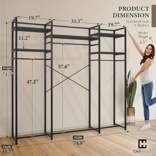 CAPHAUS 913lbs Capacity Garment Rack for Hanging Clothes, Heavy Duty Open Wardrobe w/Hanging Rods, Free Standing Closet Organizer, Clothing Rack, Metal Closet w/Wooden Boards, Black Vintage Board - color: Black, size: 75 Inch