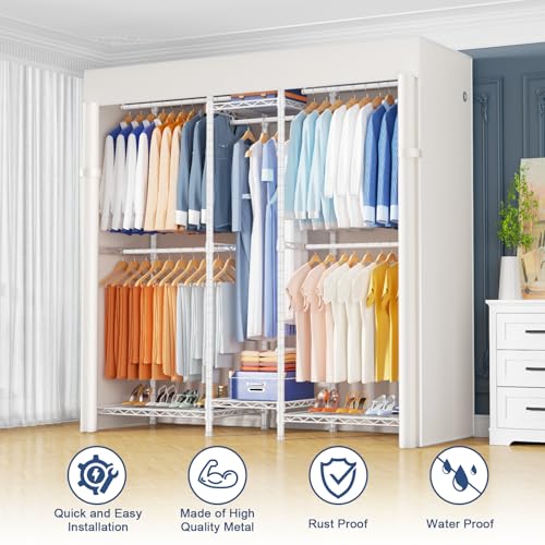 E12C Heavy Duty Closet Organizer System，Freestanding Clothing Rack, Adjustable Garment Rack 57.1" W x 16" D x 76.5" H Holds 860 lbs, White Clothing Rack with White Dustproof Cover - color: White Rack With White Cover, size: E12C
