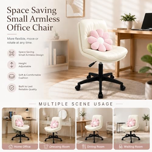 Vanity Chair with Back, Armless office Chair with wheels and Lumbar support, Comfy PU Leather Desk Computer Chairs with Adjustable Height, 360°Swivel for Home Office, Computer Desk & Vanity Beige - color: White