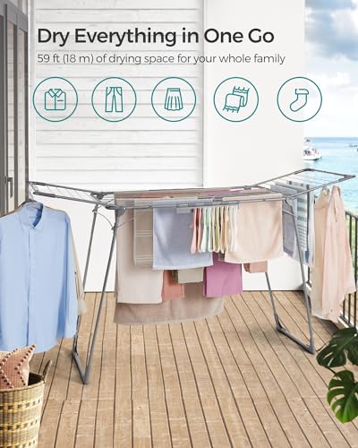 SONGMICS Clothes Drying Rack Foldable, Gullwing Laundry Drying Rack, Space-Saving, 22.2 x 68.1 x 38 Inches, Sock Clips, Metal Structure, for Clothes, Towels, Linens, Indoor, Outdoor Gray ULLR518G01 - color: Gray, style: 2 Gullwings（22.2"D)