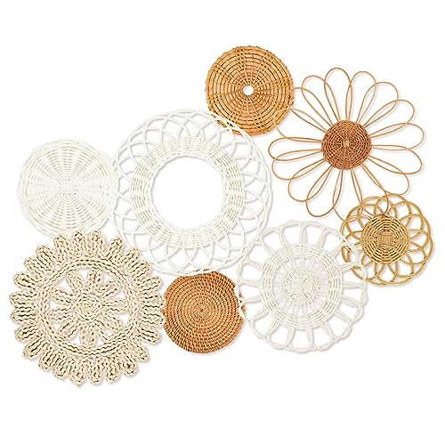 Boho Wall Basket Decor Set of 8,Rattan Flower Wall Decor,Flat Woven Baskets Wall Hanging Decor,Unique Boho Wicker Seagrass Wall Decor(Rattan Classic) - color: Neutral Classic