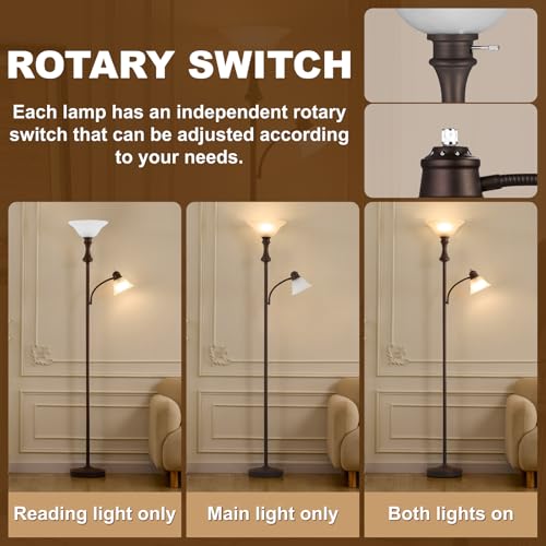 Torchiere Floor Lamp, Adjustable Angle Reading Lamp-Red Brown 71IN | Standing Lamp for Bedroom with Glass Shade, Tall Floor Lamp for Living Room Decor, Office, Corner, Knob Switch, Bulb Included - color: Red Brown