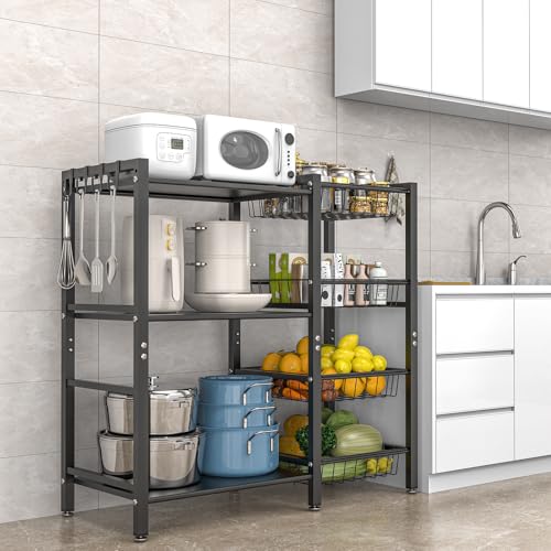 Hastatii Storage Rack Kitchen Baker's Rack - 3 Tiers 4 Baskets, Utility Coffee Bar, Air Fryer Stand with Steel Mesh Baskets