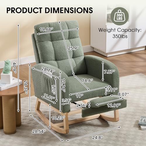 Rocking Chair Nursing, Rocker Chair with Footrest (Green) | Teddy Boucle Upholstered Accent Reading Chair with High Back & Side Pocket for Living Room Bedroom Nursery Office - color: Green