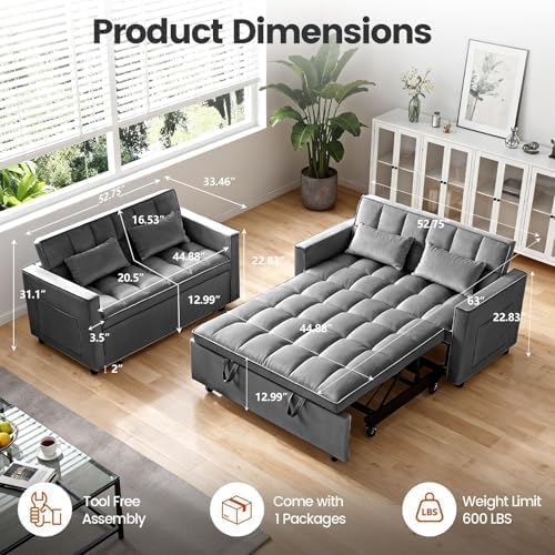 Sleeper Sofa Bed with Adjustable Backrest & Side Pockets, Gray | Adjustable Backrest & Side Pockets,Pull Out Sofa,Comfortable Fabric - color: S-dark Gray-v1