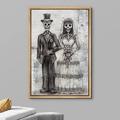 wall26 - Framed Canvas Print Wall Art - Wedding Photo with a Skull Couple - Gallery Wrap Modern Home Art | Ready to Hang - 16"x24" Natural - color: Artwork - 26, size: 24"L x 16"W