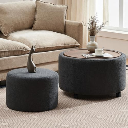 28 Inch Round Storage Ottoman with Wheels Set of 2, Multifunctional Coffee Table Ottoman with Removable Solid Wood Lid, Modern Circle Ottoman Foot Rest for Living Room, Bedroom, Dark Gray - color: Dark Gray