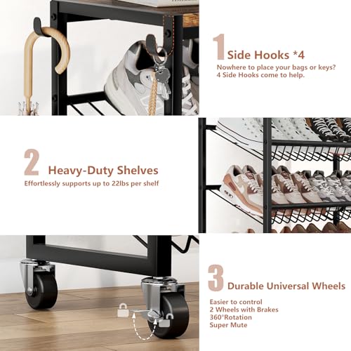 6 Tier Rotating Vertical Shoe Rack Tower, Wooden Shoe Storage Organizer with Hooks, Sturdy Metal Narrow Shoe Shelf for 18-24 Pairs, Vertical Shoe Organizer for Closet Entryway, Rustic Brown - size: 6-tier(27.8 × 11.2 × 38.6)