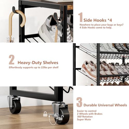 6 Tier Rotating Vertical Shoe Rack Tower, Wooden Shoe Storage Organizer with Hooks, Sturdy Metal Narrow Shoe Shelf for 18-24 Pairs, Vertical Shoe Organizer for Closet Entryway, Rustic Brown - size: 6-tier(27.8 × 11.2 × 38.6)