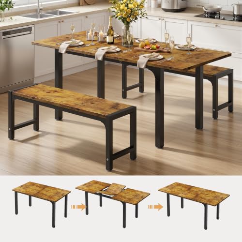 63“ Extendable Dining Table Set with 180° Smart-Flip Pivot, Retro | Dining Table Set for 4,Kitchen Table with Bench,Small Dining Table,Perfect for Small Space,Dinner Room Table Set for 6 - color: Rustic