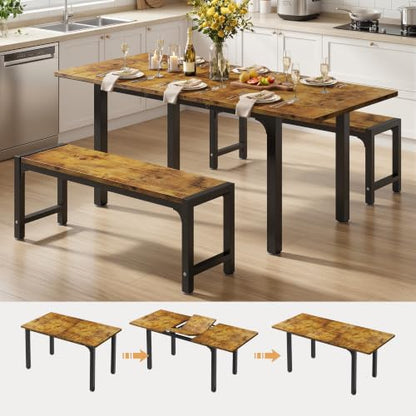 63“ Extendable Dining Table Set with 180° Smart-Flip Pivot, Retro | Dining Table Set for 4,Kitchen Table with Bench,Small Dining Table,Perfect for Small Space,Dinner Room Table Set for 6 - color: Rustic